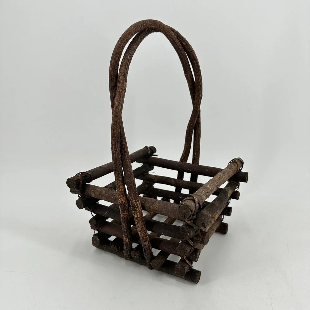 Rustic Twig Log Cabin Basket Grapevine Handle Natural Wood Primitive Decor Brown